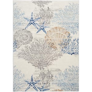 Pompeii Ivory Grey Blue 5 ft. x 7 ft. Floral Abstract Coastal Contemporary Area Rug