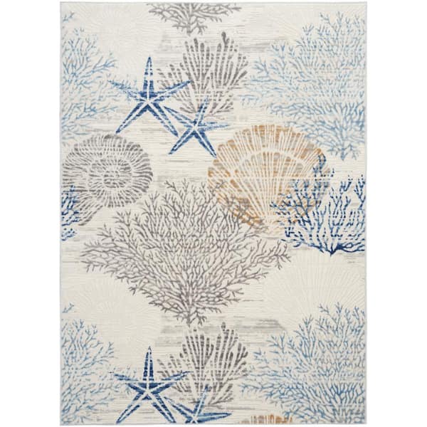 Nourison Pompeii Ivory Grey Blue 5 ft. x 7 ft. Floral Abstract Coastal Contemporary Area Rug