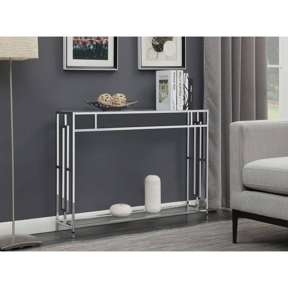 Town Square Chrome and Glass Console Table with Dual Open Shelving