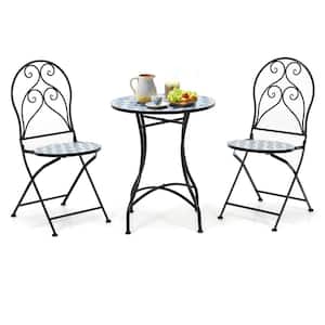 3-Pieces Patio Mosaic Design Folding Chairs Side Table Set Metal Outdoor Bistro Set Classic Furniture