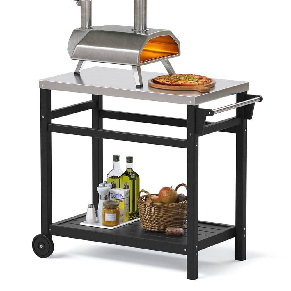 34 In Outdoor Grill Cart With Double Shelf BBQ Movable Food Prep Table   Grill Carts X Kc Ss01 Bk 64 1000 