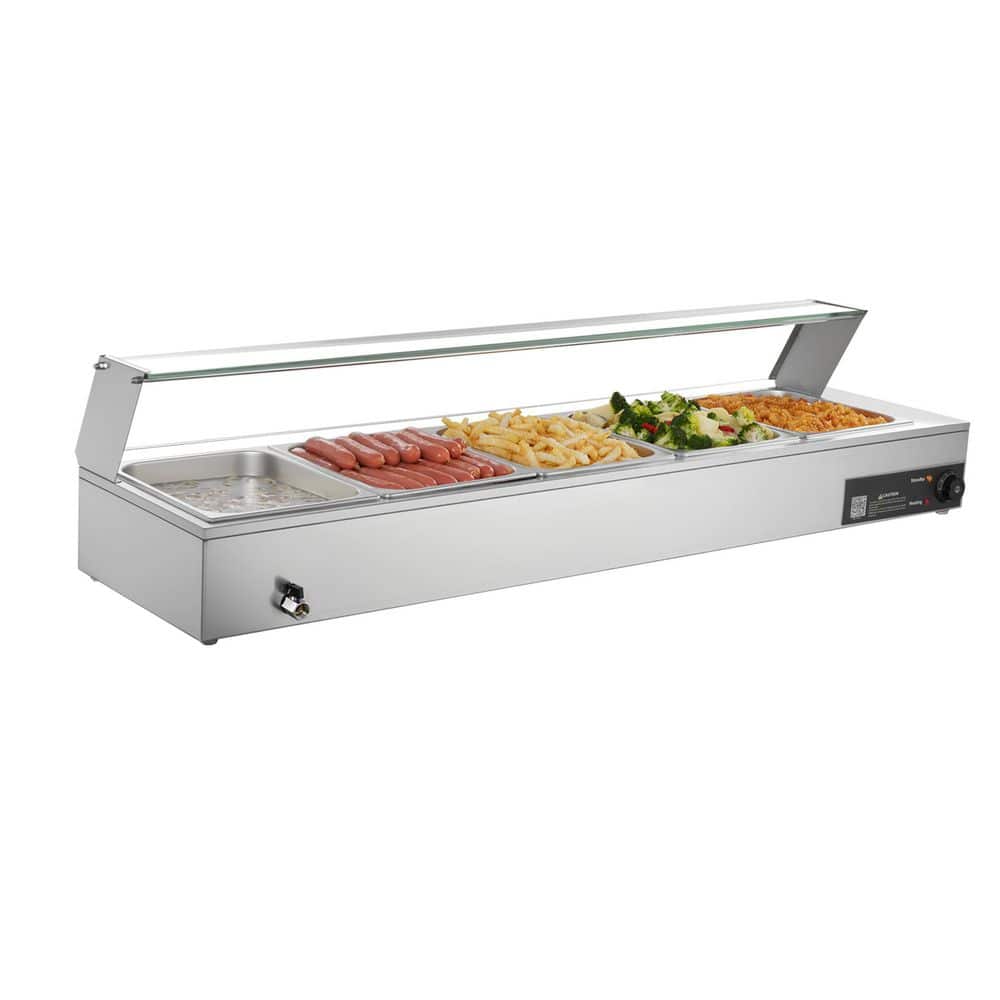 1500W Stainless Steel Bain Marie Food Warmer with Glass Cover and 5 1/2 Size Pans, Commercial Countertop for Catering