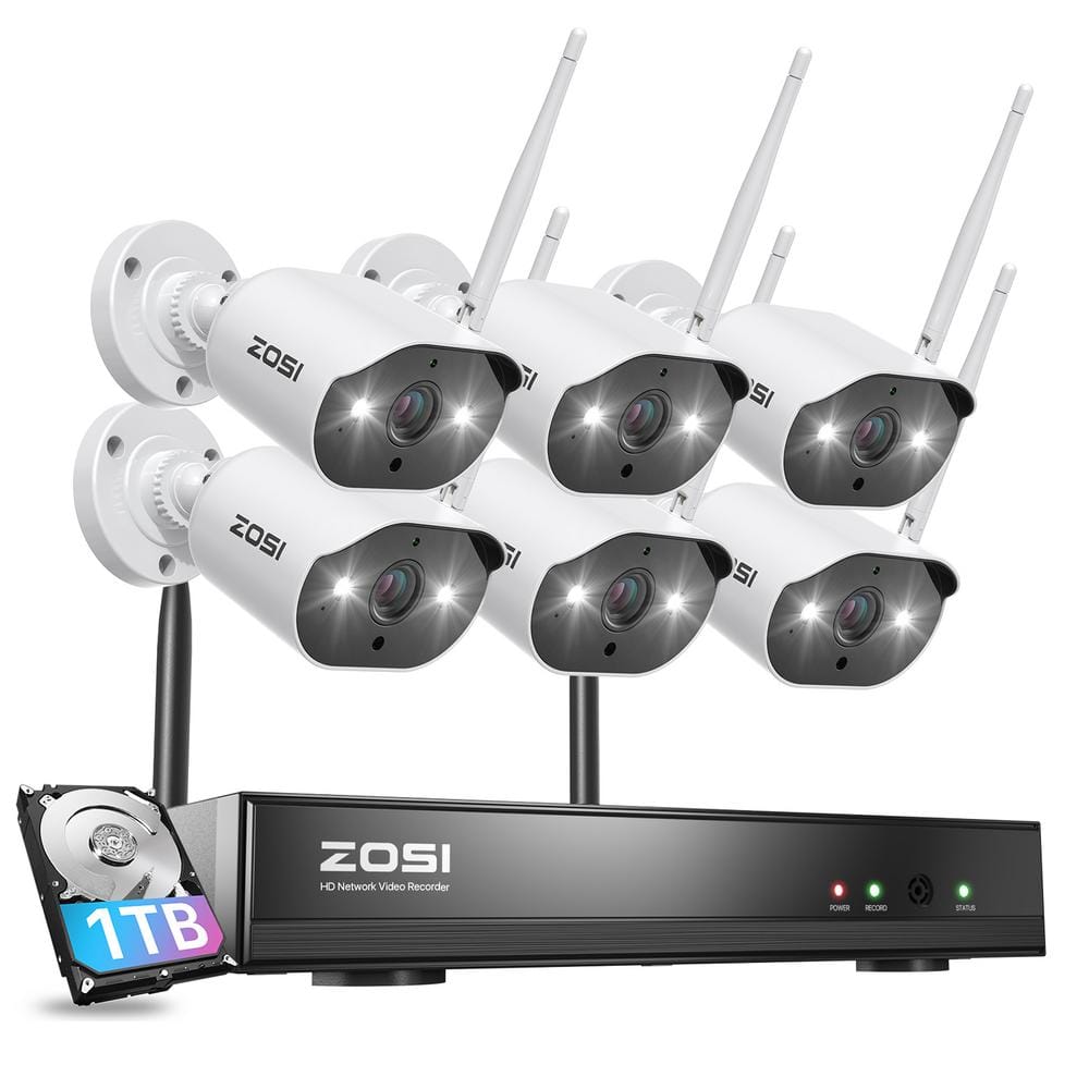 ZOSI 8-Channel 3MP 2K 1TB Hard Drive NVR Security Camera System with 6 Outdoor Wi-Fi Spotlight IP Cameras, 2-way Audio, White -  ZSWNVK-A83061-W