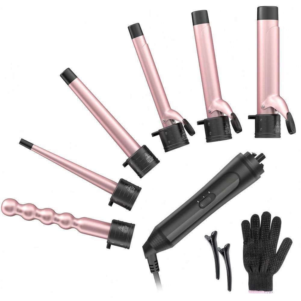 6-in-1 Curling Iron Set with Interchangeable Barrels, Temperature Adjustments, Heat Protective Glove, Clips in Rose Gold