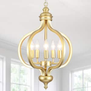 5-Light Spray-Painted Gold Metal Lantern Rustic Chandeliers for Entryway Hallway with No Bulbs Included