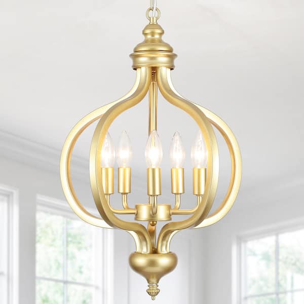 LWYTJO 5-Light Spray-Painted Gold Metal Lantern Rustic Chandeliers for Entryway Hallway with No Bulbs Included