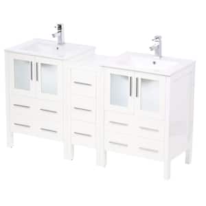 Torino 60 in. Double Vanity in White with Ceramic Vanity Top in White w/ White Basins and Mirrors (Faucet Not Included)
