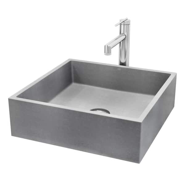 VIGO Alhambra Concreto Stone Square Bathroom Vessel Sink in Gray with Sterling Faucet and Pop-Up Drain in Chrome