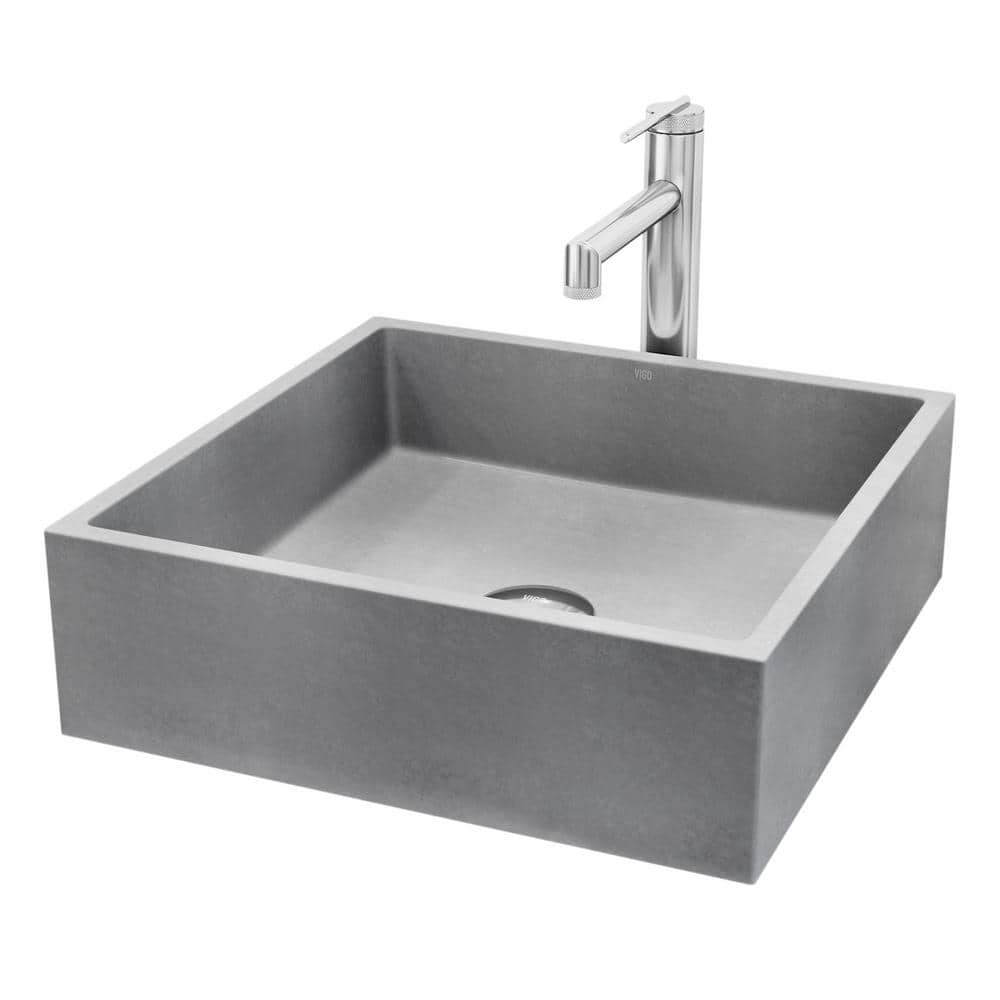 Gray Concrete Square Vessel Sink with Chrome Faucet