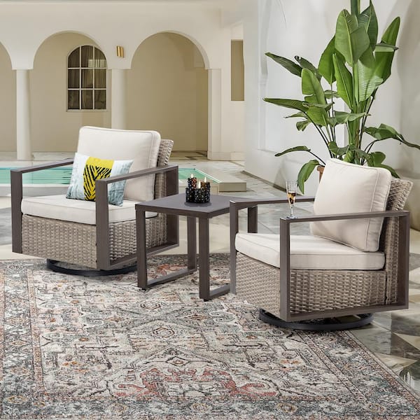 JOYSIDE 3-Piece Wicker Swivel Outdoor Rocking Chairs Patio Conversation Set with Metal Frame and Beige Cushions