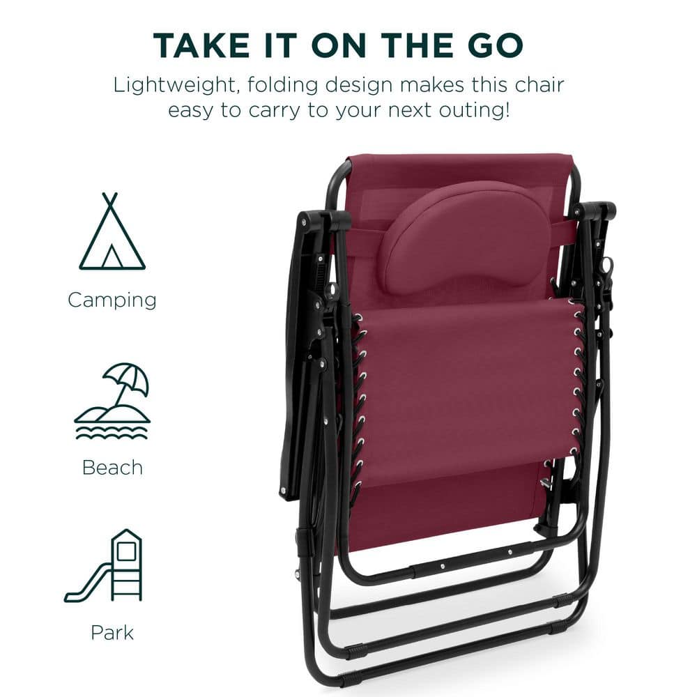 Oversized Burgundy Steel Zero Gravity Outdoor Lounger with Cushion