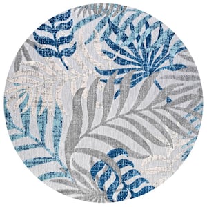 Tropics Palm Leaves Gray/Blue 6 ft. Round Indoor/Outdoor Area Rug