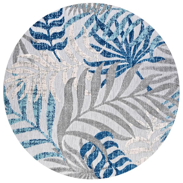 Tropics Palm Leaves Gray/Blue 5 ft. Round Indoor/Outdoor Area Rug