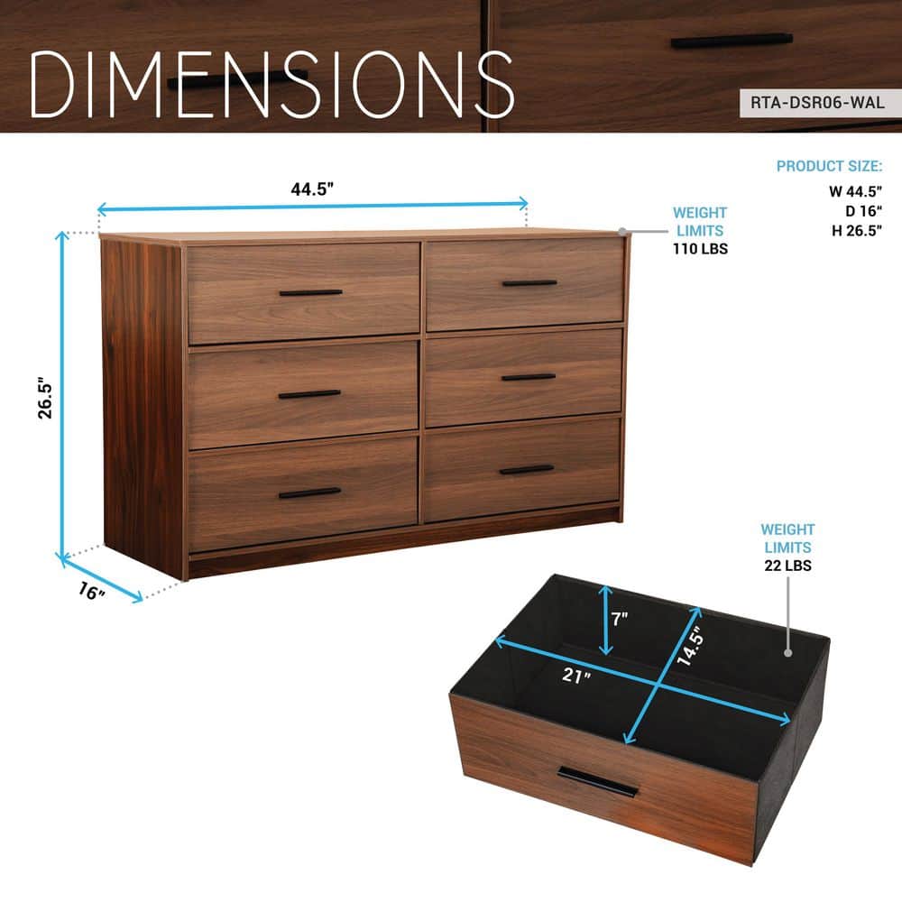 Walnut Brown 6-Drawer Double Dresser with Fabric Bins