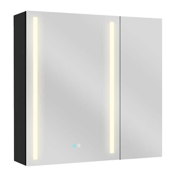30 in. W x 30 in. H Rectangular Black Aluminum Surface Mount Lighted Bathroom Medicine Cabinet with Mirror and Defogger