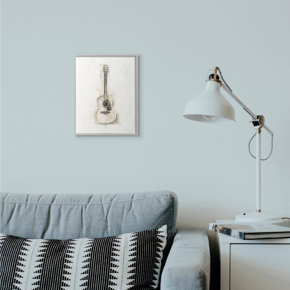 Acoustic Guitar Watercolor Drawing in Gray Frame, 11 x 14