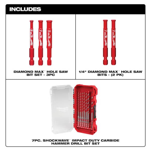 Diamond MAX Hole Saw Set W/SHOCKWAVE Carbide Hammer Drill Bit Kit (12-Piece)