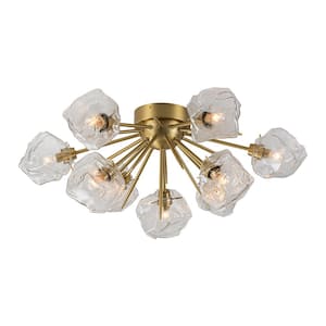 27.2 in. 9-Light Brass Farmhouse Semi-Flush Mount with Shade and No Bulbs Included