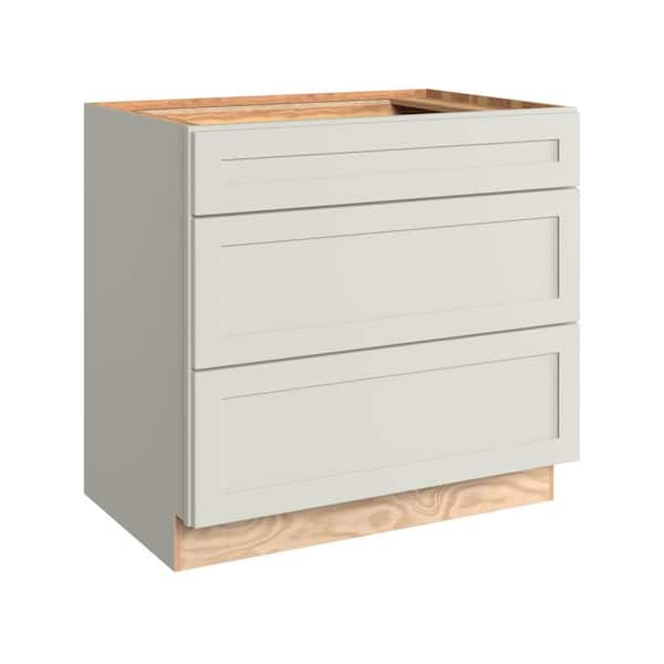 Thornton 36 in. W x 24 in. D x 34.5 in. H Assembled Plywood Drawer Base Kitchen Cabinet in Moonshine with 3-Drawers