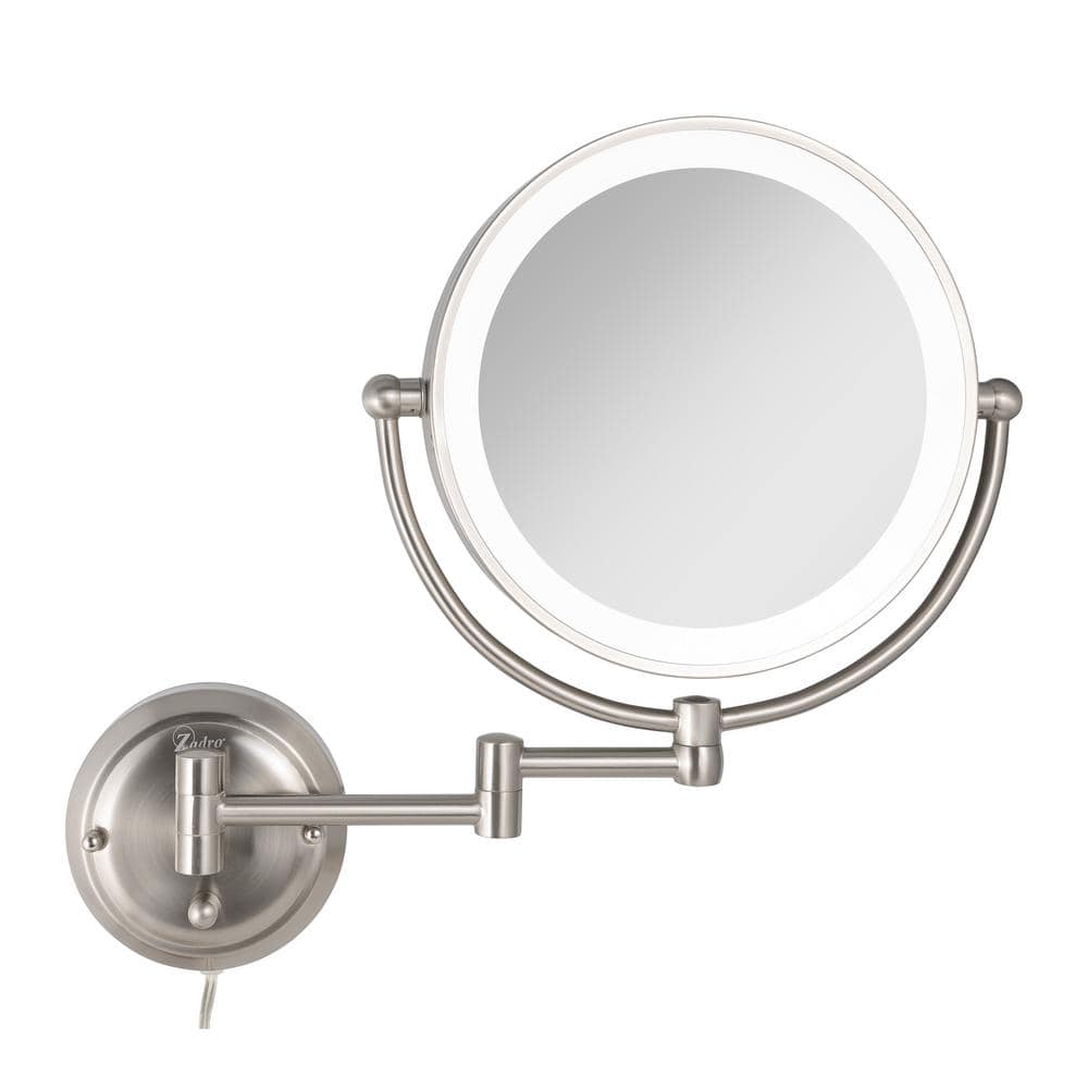 Satin Nickel 14" Dual-Sided 5X/1X Magnifying Wall Mirror with Adjustable Brightness