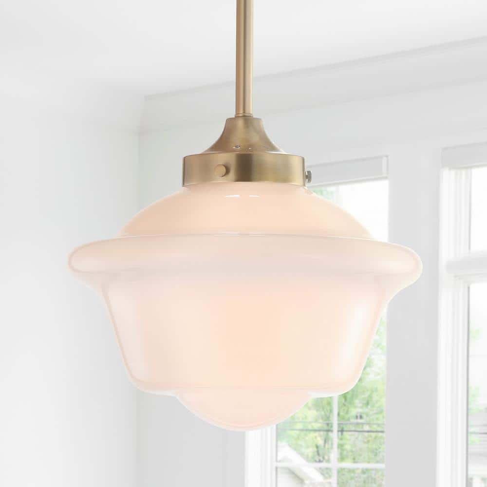 Kurtz 9.5" Brass Gold & White Glass LED Pendant with Adjustable Drop