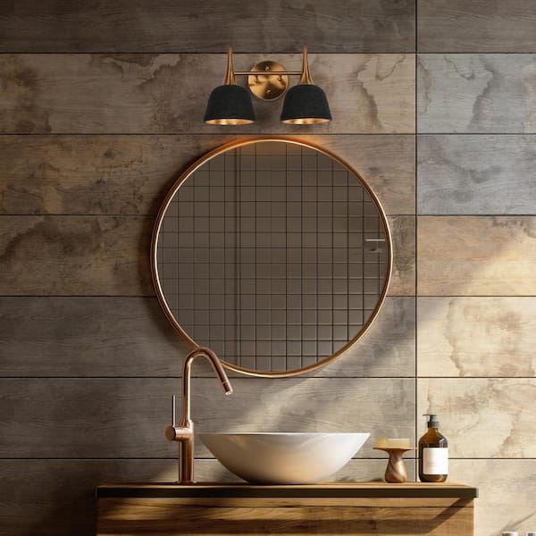 Modern Industrial Black and Gold Vanity Light, 13.8 in. 2-Light Bathroom Transitional Wall Light with Resin Shades