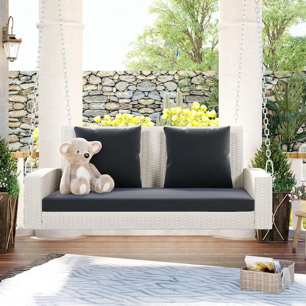 Wateday 2-Person Patio Rattan Hanging Porch Swing Bench Chair Gray Cushion