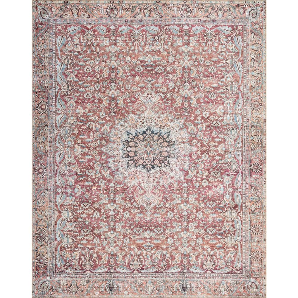 Modern Vintage Red & Teal Synthetic Area Rug 3'6" x 5'6"