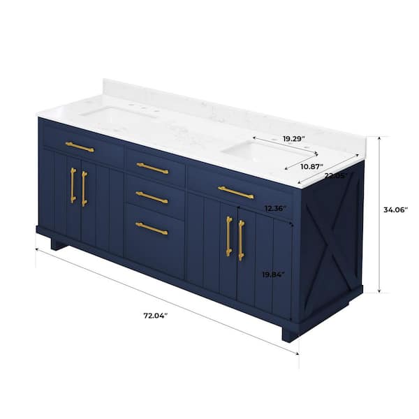 72 in. Navy Wood Double Sink Freestanding Bathroom Vanity with White Marble Top