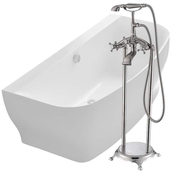 ANZZI Bank Series 65 in. x 31 in. Flat Bottom Freestanding Soaking Bathtub with Center Drain and Faucet in Glossy White