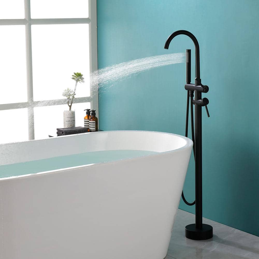 Matte Black Brass Freestanding Tub Filler with Handheld Shower