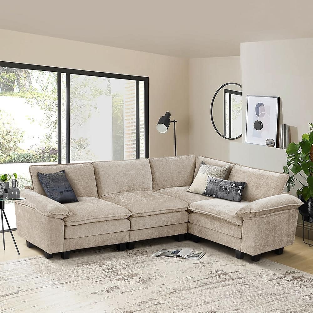 Bennett 110.5 in. W Pillow Top Arm 4-Piece Chenille Modular Sectional Sofa in Taupe price history on PriceWatchPro