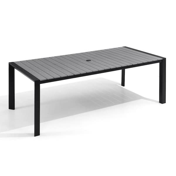 Gray 84 in. Rectangular Aluminum Patio Outdoor Dining Table with Wood-Like Tabletop and Umbrella Hole