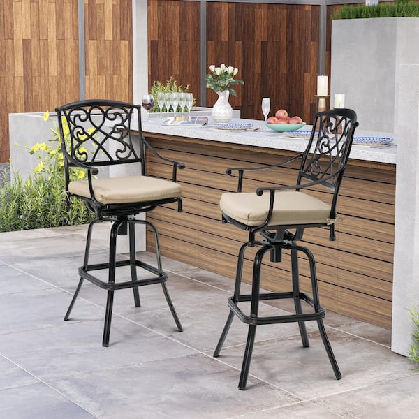 Pellebant Bar Height Arm Chair Swivel Cast Aluminum Outdoor Bar Stool with Sunbrella Canvas Antique Beige Cushion (2-Pack)