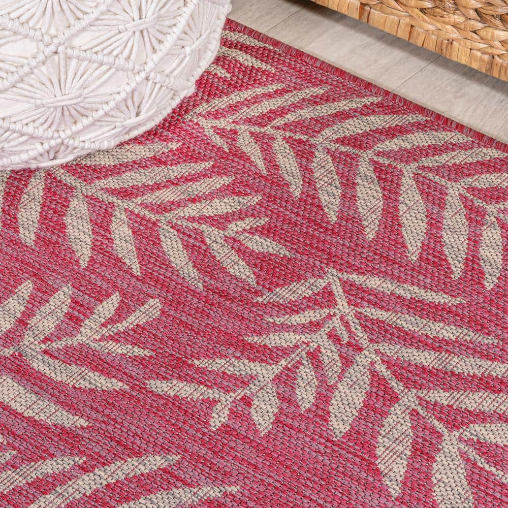 4' x 6' Fuchsia and Light Gray Synthetic Palm Frond Area Rug