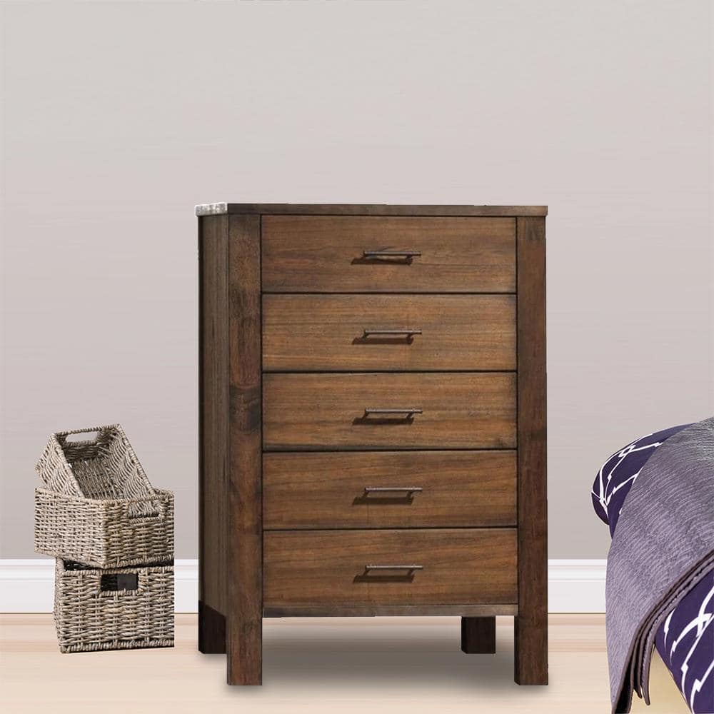 Oak Brown 5-Drawer Vertical Chest with Dovetail Drawers