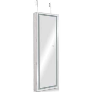 Lockable LED Mirror 16 in. x 5 in. x 47 in. White Wood Jewelry Cabinet Touch Sensor Light Full Length Mirror Organizer