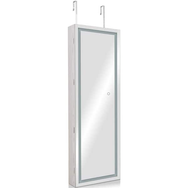 HONEY JOY Lockable LED Mirror 16 in. x 5 in. x 47 in. White Wood Jewelry Cabinet Touch Sensor Light Full Length Mirror Organizer