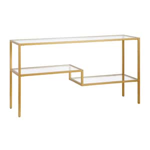Lovett 55 in. Rectangle Brass Glass Console Table with Glass Shelves