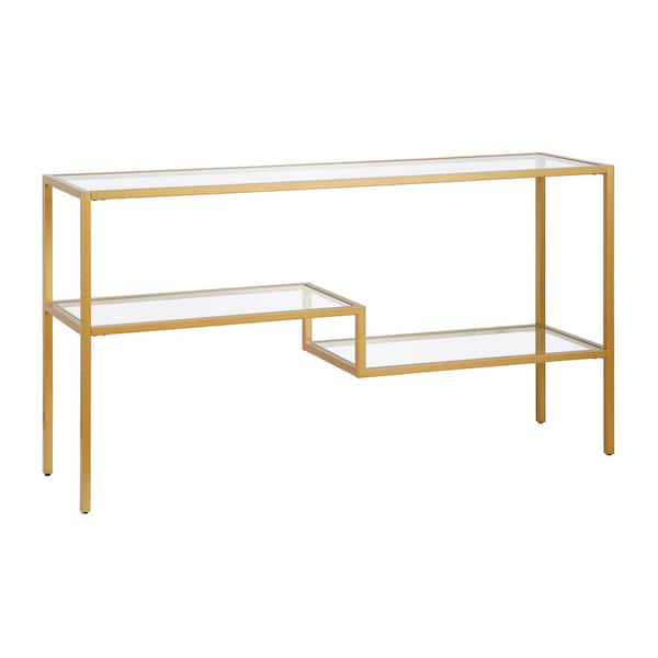 Meyer&Cross Lovett 55 in. Rectangle Brass Glass Console Table with Glass Shelves