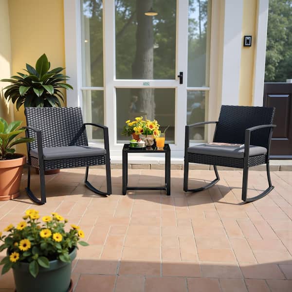3-Pieces Outdoor Patio Rattan-Like Resin Rocking Chair Set With Table and Gray Cushions