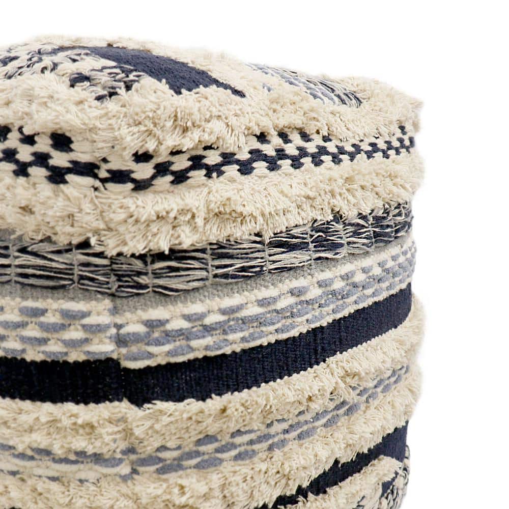 Navy and Beige Handwoven Cotton Shaggy Pouf