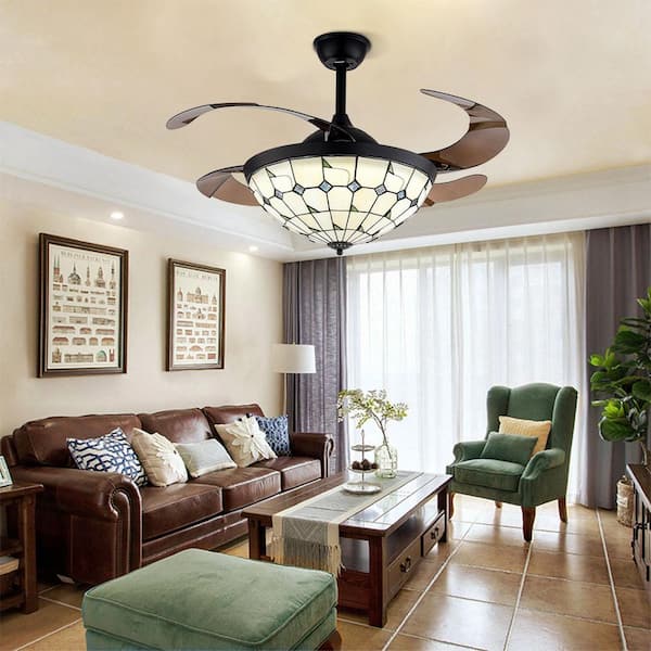 OUKANING 42 in. Vintage Indoor Retractable Blades Glass Lampshade