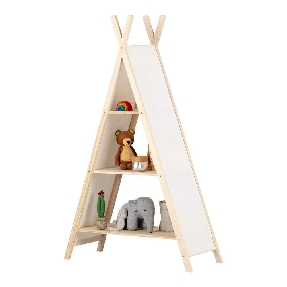 59.25" Natural Pine and White Cotton Teepee Shelving Unit