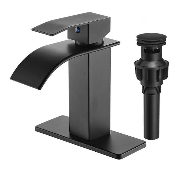 MTTCLE Single Handle Waterfall Spout Single Hole Bathroom Faucet with Deckplate and Drain Kit and Touch On Matte Black (1 Pack)