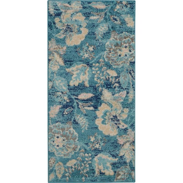 Tranquil Turquoise  doormat 2 ft. x 4 ft. Floral Modern Kitchen Area Rug