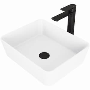 Matte Stone Marigold Composite Rectangular Vessel Bathroom Sink in White with Faucet and Pop-Up Drain in Matte Black