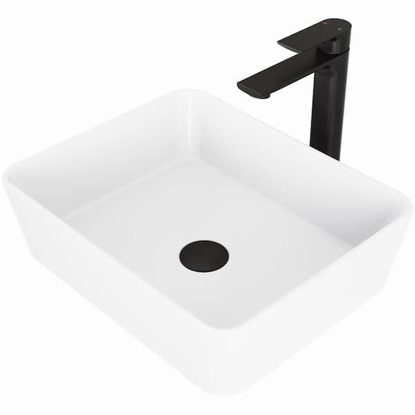VIGO Matte Stone Marigold Composite Rectangular Vessel Bathroom Sink in White with Faucet and Pop-Up Drain in Matte Black