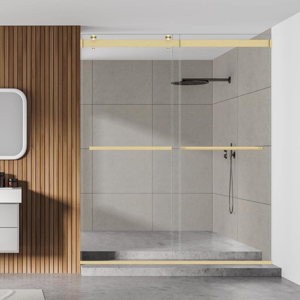 64" Gold Frameless Bypass Shower Door with Clear Glass