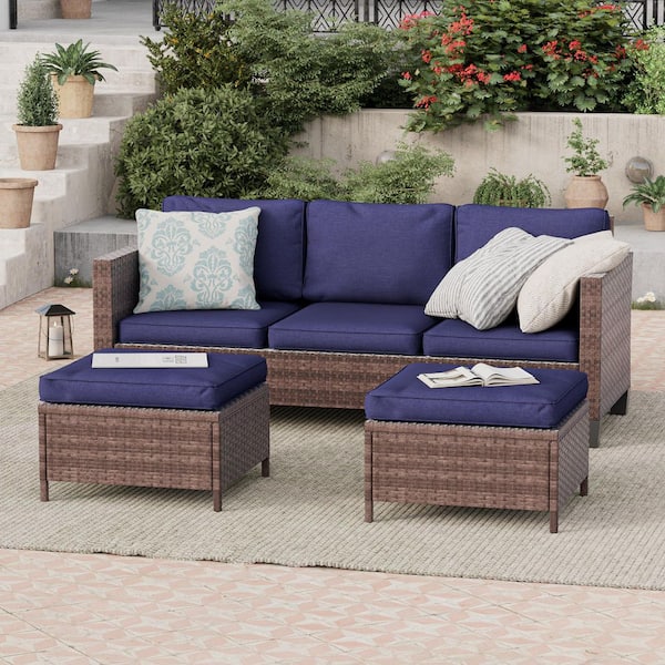 Sonkuki 3-Piece Brown Rattan Patio Sofa Set Outdoor Furniture Set 3-Seat Sofa Ottomans With Cushions, Navy Blue